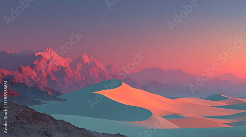 Desert sand dunes shaped like sound waves under a pastel sunrise sky, minimal texture, serene illustration.