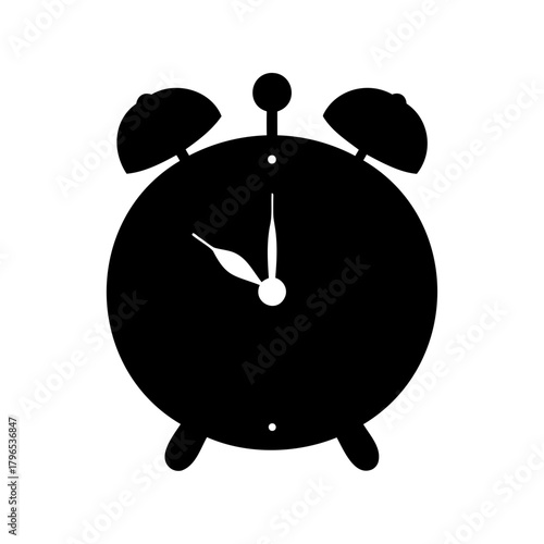 Black silhouette illustration of a classic alarm clock isolated on white background