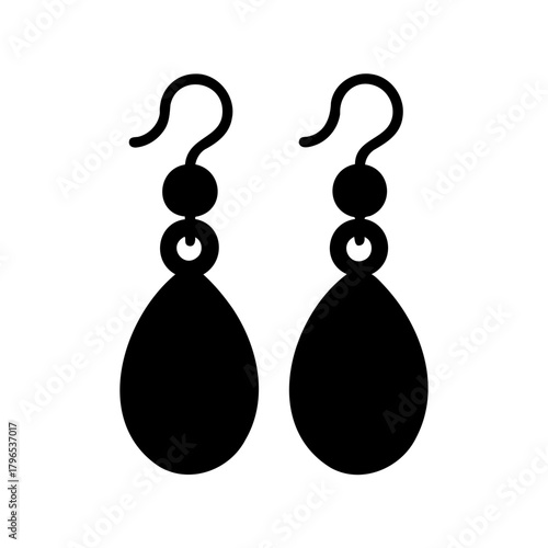 Black silhouettes of teardrop earrings dangle from wires on a white background