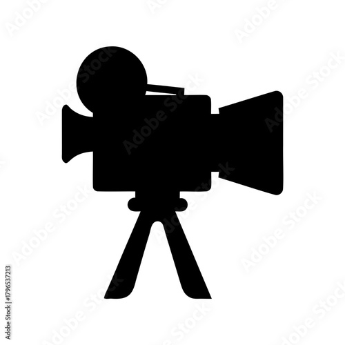 Black silhouette of vintage movie camera on a tripod against white background