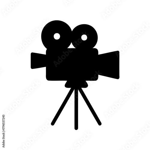 Retro Film Camera Black Silhouette on White Background for Vintage Movie Production