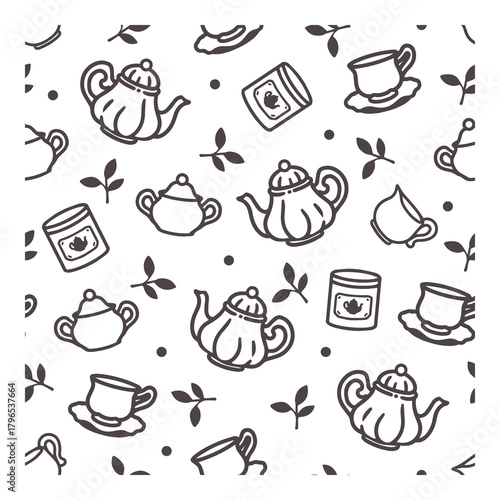 Black and White Tea Time with Cups and Kettle. Perfect for kitchen decor, tea packaging, cafe branding, textile, and wallpaper design. Cozy tea time pattern for drink lovers.