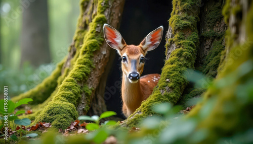 Deer peeking through mossy tree trunks in a serene forest setting during the early morning light