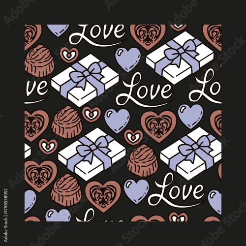 Sweet Valentine with Praline and Love Pattern. Perfect for Valentine Day packaging, greeting cards, fabric, wrapping paper, and romantic design projects. Cute chocolate and gift with love theme