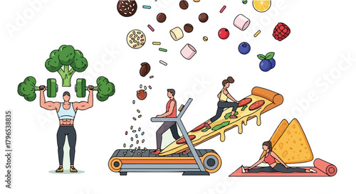 Illustration depicting healthy lifestyle choices and unhealthy food temptations, a concept.