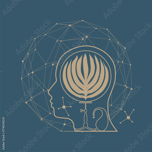 Human head with plant inside. Medicine, education and science concept. Positive thinking. Good mental health condition. Personal growth and development. Creativity and innovation.