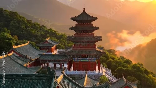 Wallpaper Mural Chinese temple pagoda nestled among mountain forests bathed in soft golden sunlight Torontodigital.ca