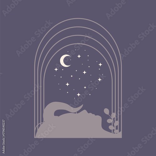Woman sleeping. Woman sleeps under the arch frame decorated with moon and stars. Illustration about sleep, good dream, night, magic and peaceful.
