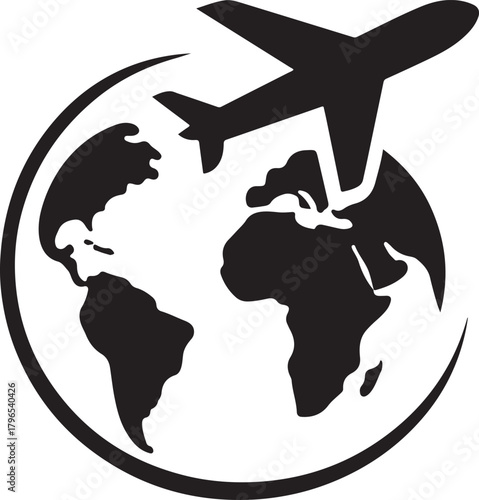 Silhouette airplane looping around globe symbolizing worldwide travel connection journeys.
