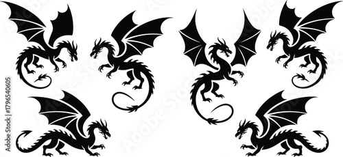 Dragon silhouette vector set, mythical creature icons, fantasy beast design, black flying dragons, winged monster clipart, tattoo style graphics