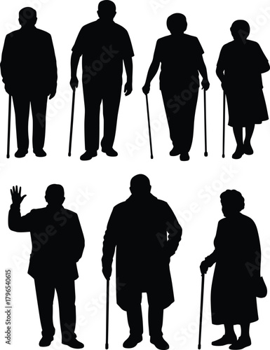 Elderly silhouettes, senior figures, walking canes, aging icons, mobility poses, black vector, healthcare theme, old age, lifestyle illustration, demographic design