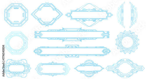 Vector set of 10 art deco futuristic frames, UI elements, HUD design, glowing blue neon lines, complex geometric borders, sci-fi, "style moderne" structure, isolated on transparent background