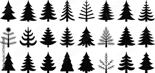 Pine tree silhouette set, black forest icons, evergreen vector clipart, holiday tree graphics, nature design elements, Christmas illustration bundle