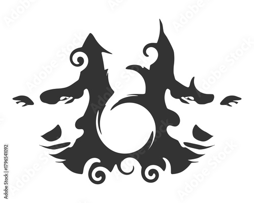 Two young women face front view. Melted with spiral and decorated by curls. Elegant silhouette of a female heads. Split personality disorder.