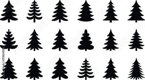 Pine tree silhouette set, black forest icons, evergreen vector clipart, nature graphic elements, stylized tree shapes, outdoor design assets