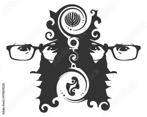 Two young women wearing spectacles face front view. Melted with spiral and decorated by curls. Elegant silhouette of a female heads.