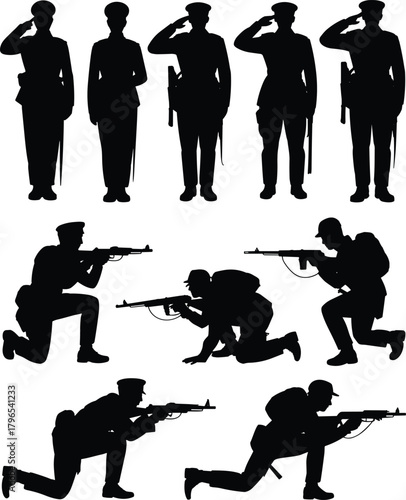 Soldier silhouette vector set, military pose icons, black combat clipart, rifle action graphics, tactical design elements, army illustration bundle