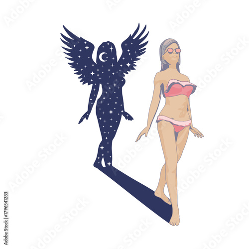 Illustration of a beautiful fashion model posing in a stylish swimsuit. Young attractive woman in bikini and her fantasy shadow as woman angel with huge bird wings.