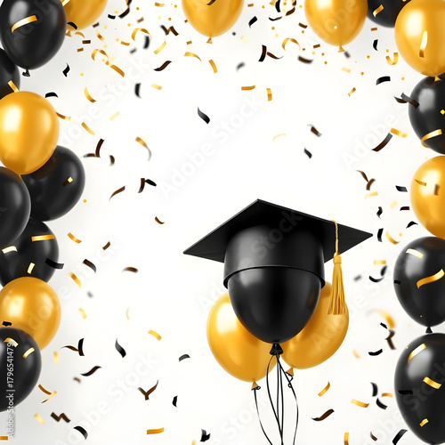 gold black balloon confetti background for graduation birthday happy new year opening sale concept, usable for banner poster brochure ad invitation flyer template