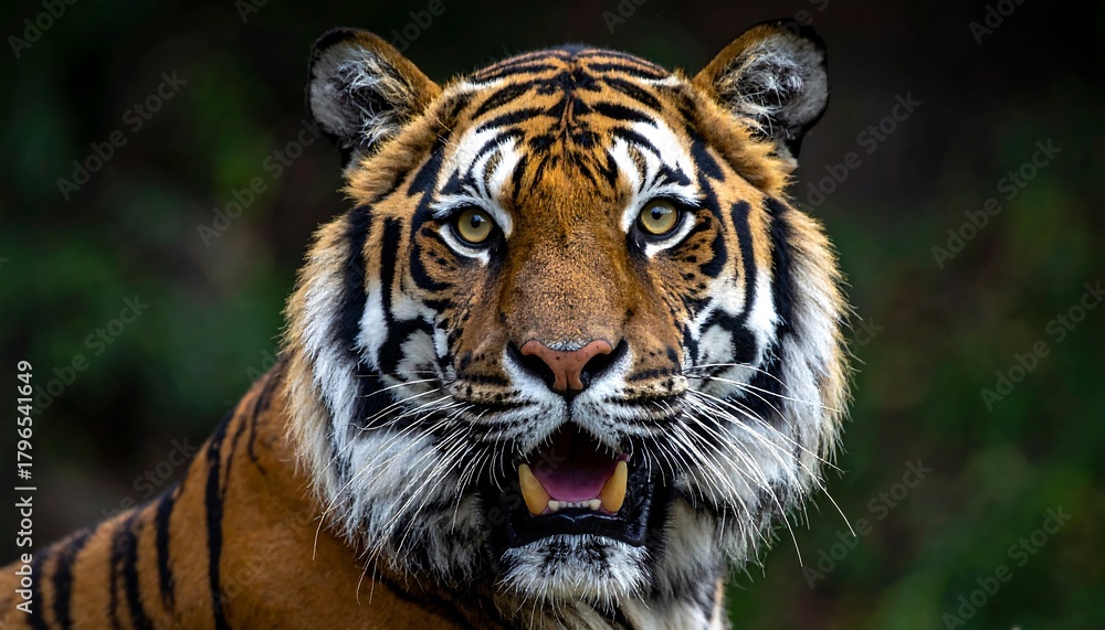 Obraz premium Close-up of a tiger's face. The big cat with intense gaze, open mouth, teeth visible, stripes. Lush green backdrop