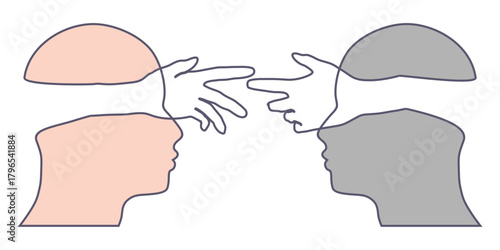 Human hands from heads reaching out to one another, almost touching. Help concept