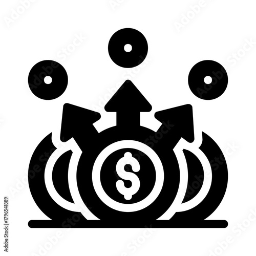 Dollar coin surrounded by arrows and circles showing growth, suitable for finance and business content, presentations, and marketing materials.
