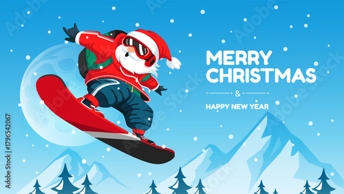 A cheerful Santa Claus snowboards through snowy mountains under a bright sky, spreading festive Christmas and New Year wishes, vector illustration