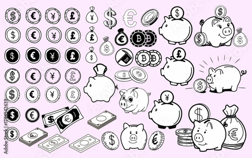 Financial Icons and Piggy Bank,Vector Doodle Money Set, Currency and Savings Outline Collection, dollar, euro,coin,bitcoin,piggy bank icon set.