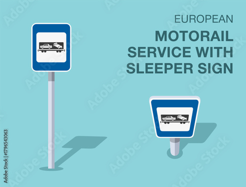 Traffic regulation rules. Isolated european "motorail service with sleeper" road sign. Front and top view. Flat vector illustration template.
