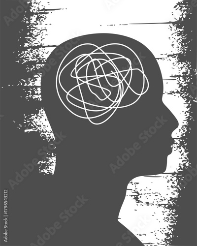 Psychotherapy, stress and psychosis. A male head with a tangled ball of nerves, scribbles symbolizing a depressed state of a person. Psychological help and mental health. Personality disorder.