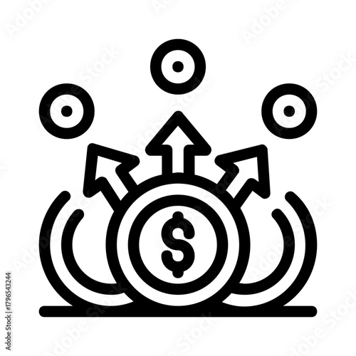 Dollar coin surrounded by arrows and circles showing growth, suitable for finance and business content, presentations, and marketing materials.
