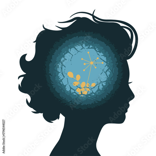 Female head with plant inside. Medicine, education and science concept. Positive thinking. Good mental health condition. Personal growth and development. Creativity and innovation.
