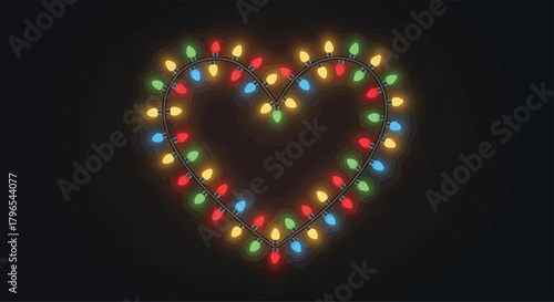 Christmas lights forming a glowing heart shape, flat vector on dark background