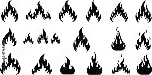 Flame icons, fire silhouettes, heat symbols, stylized flames, black vector set, burning shapes, graphic elements, white background, design variety