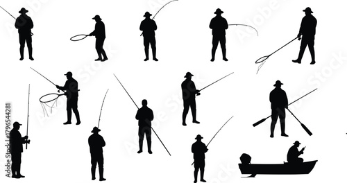 Fishing silhouette set, angler posture collection, rod and net poses, boat and shore vector, outdoor catch design, fishing activity illustration