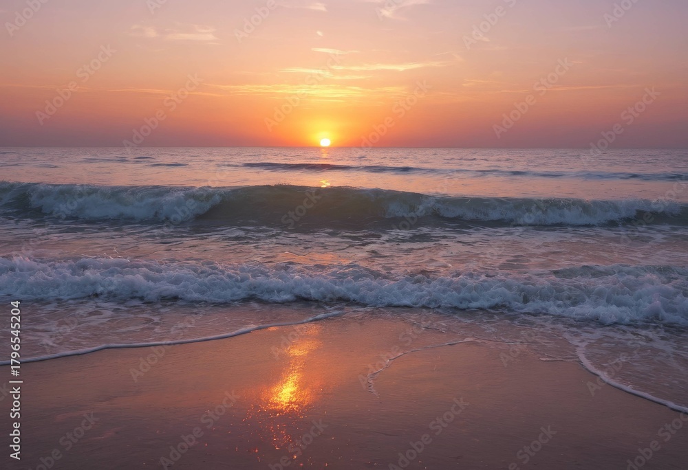 Naklejka premium Orange glow on the calm tide line, the sky and sea at sunset