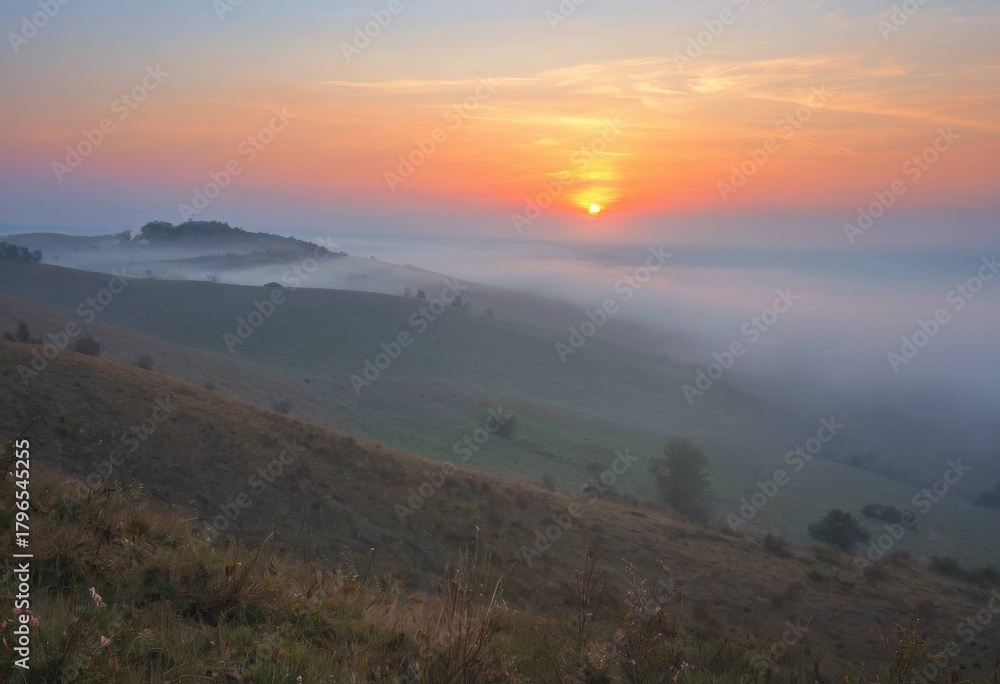 Obraz premium Vibrant sunrise and morning fog covering rolling hills