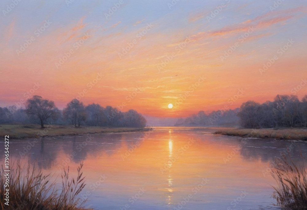 Fototapeta premium Vivid Sky and Sunrise (or Sunset) over Lake with Mountain Range in Background