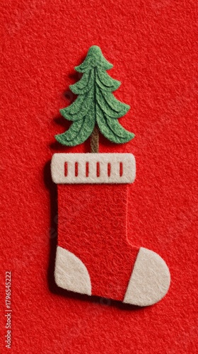 2D simple flat lay Christmas stocking icon with green tree on vertical red background for holiday web design and mobile wallpaper