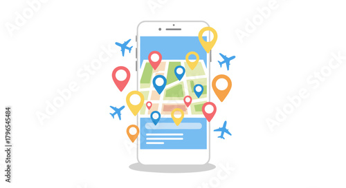Mobile phone displaying map with location pins and airplane icons  