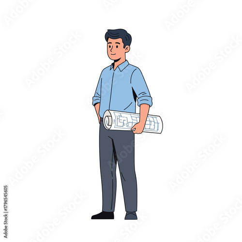 Professional Architect Holding Blueprint Roll in Vector Illustration Style