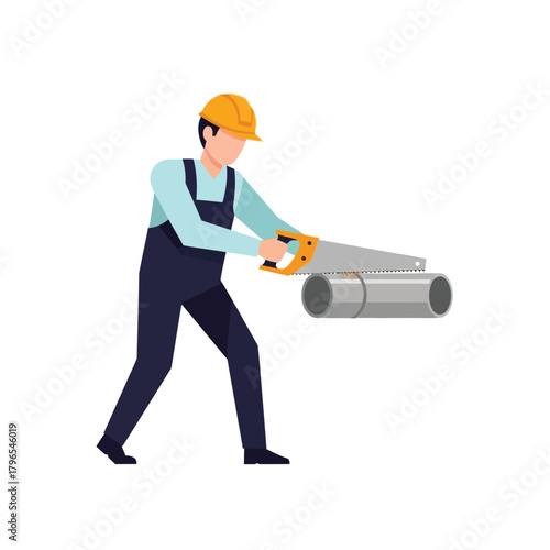 Construction Worker Cutting Pipe with Saw in Construction Site