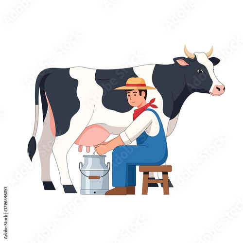 Dairy Farmer Milking a Cow Cartoon Vector Illustration