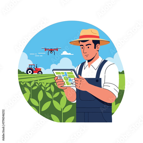 Farmer Using Tablet with Drone in Agriculture for Smart Farming