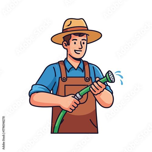 Farmer Watering with Hose Agriculture, Gardening, and Irrigation