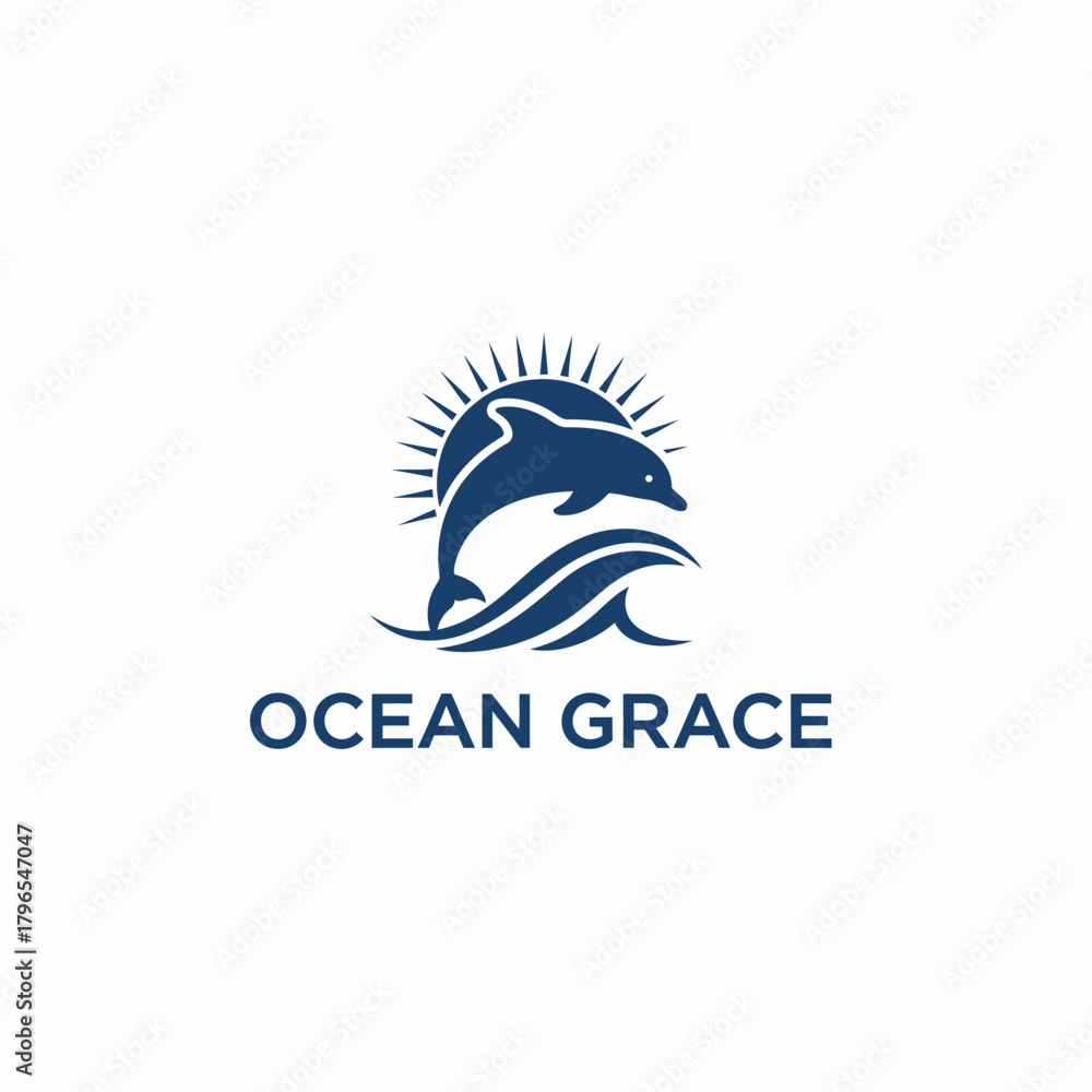 Obraz premium A stylized illustration depicting a dolphin leaping through waves, with a rising sun in the background