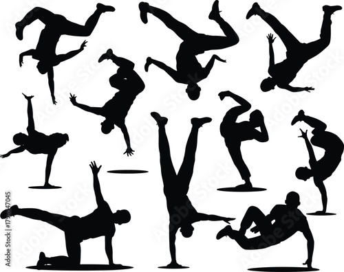 Breakdancer silhouette vector set, street dance icons, black hip hop clipart, acrobatic pose graphics, urban motion shapes, energetic design elements