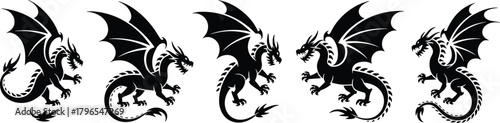 Dragon silhouette vector set, black flying creatures, mythical beast clipart, fantasy monster graphics, winged reptile design, fierce animal icons