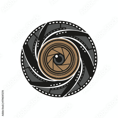 Circular emblem design features a camera lens surrounded by film strip elements in black, grey, and brown
