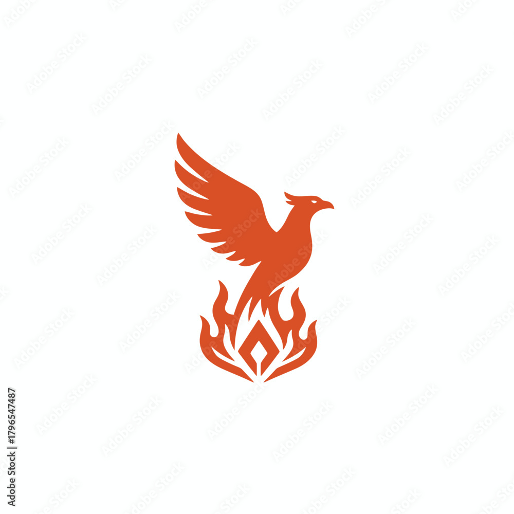 Obraz premium A stylized image of a bird rising from flames. It has wings extended on a white background